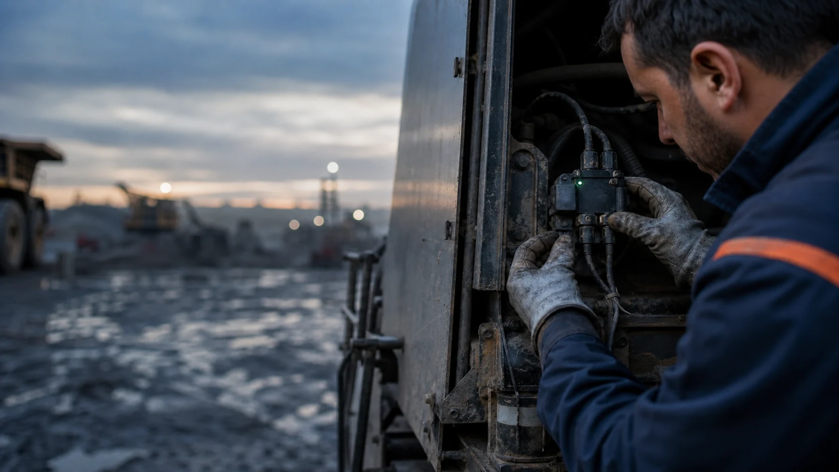 Técnico inspeciona um sensor instalado em equipamento industrial durante uma operação.