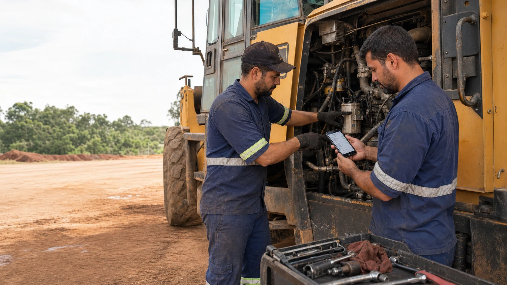 Equipe de manutenção analisa o compartimento mecânico aberto de uma máquina pesada durante uma orientação em campo.