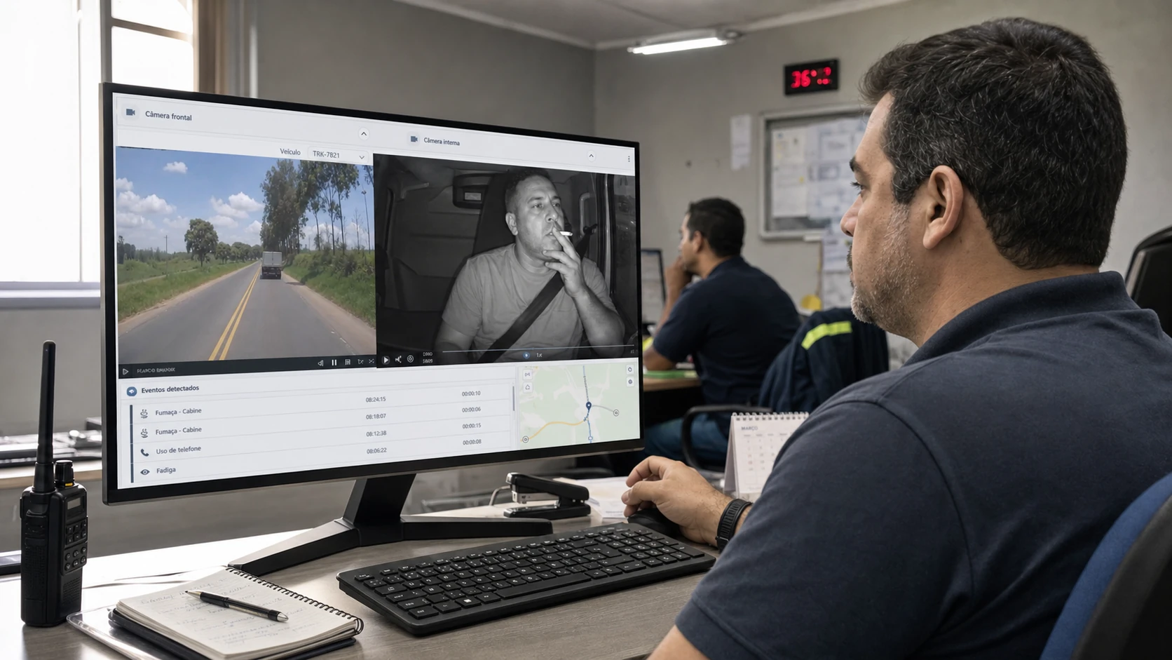 Analista em uma sala operacional acompanhando um evento de motorista fumando