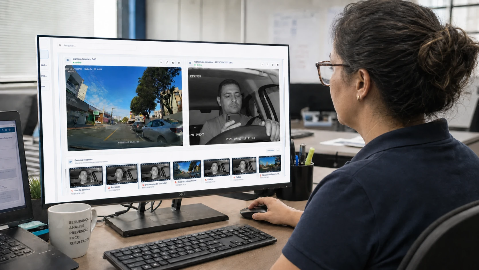 Analista acompanhando um evento de uso de celular identificado pela videotelemetria