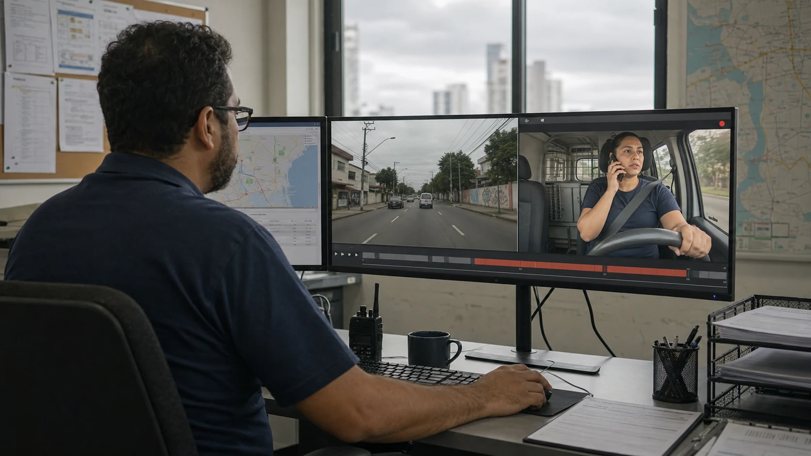 Coordenador revisando um evento de motorista falando ao telefone durante a condução