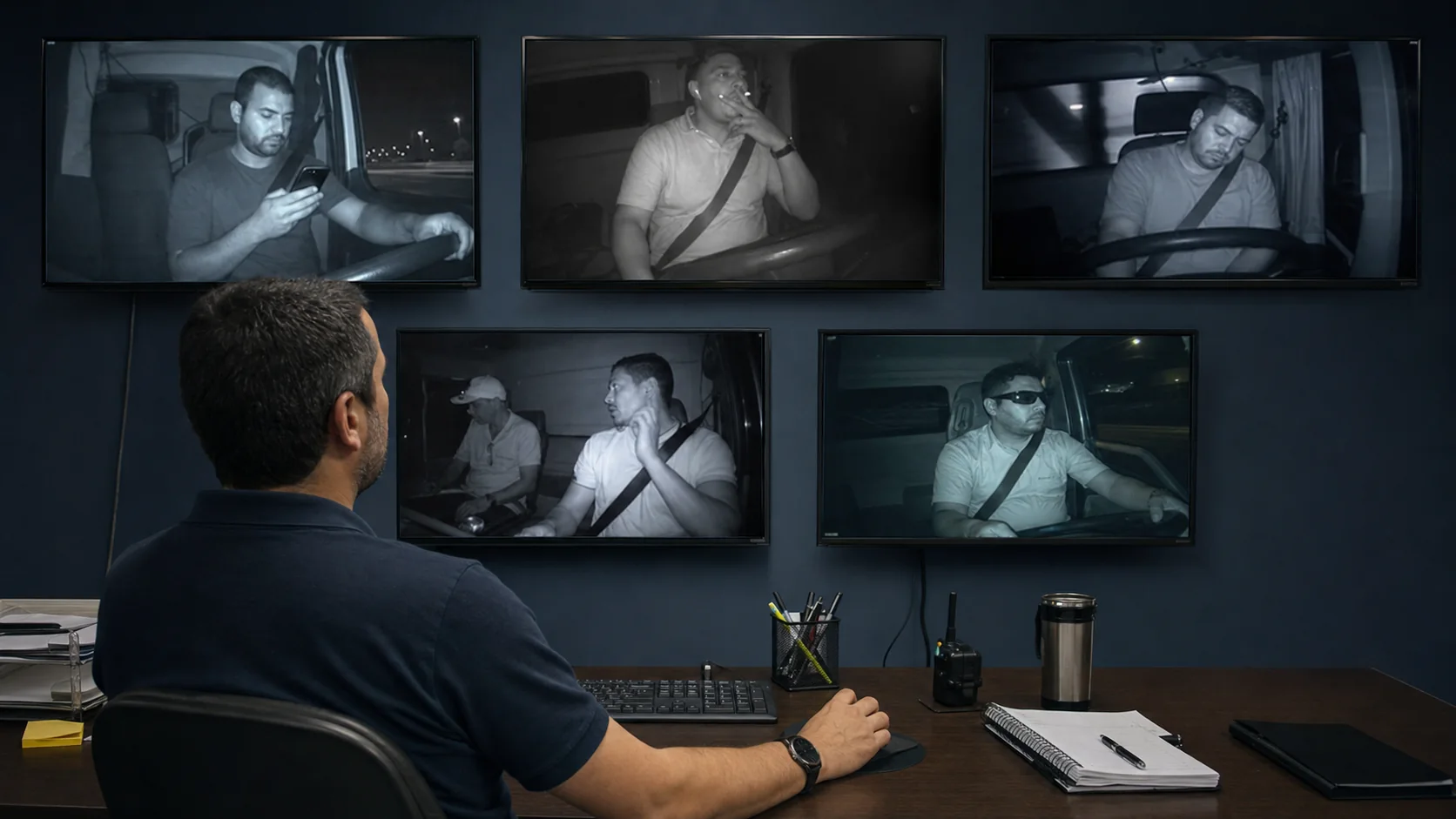 Analista em uma sala de controle acompanhando cinco situações de condução em monitores de videotelemetria