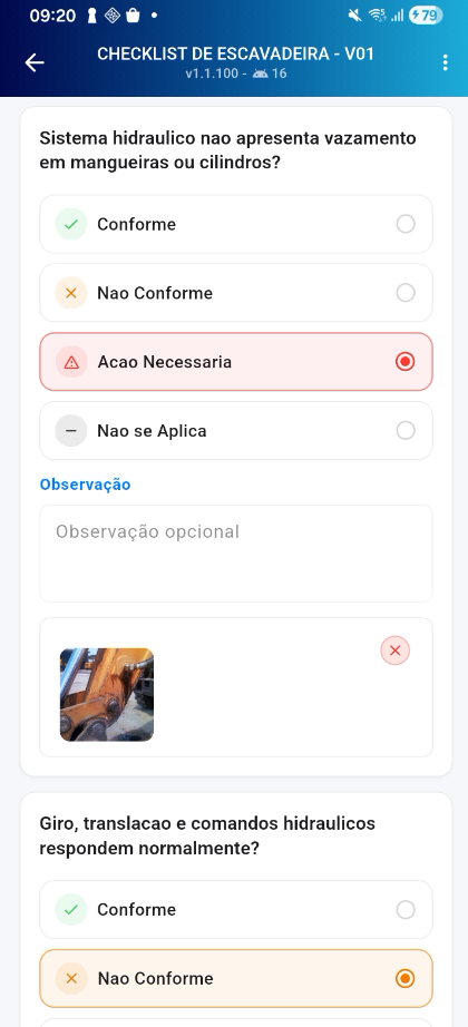 Checklist configurável de escavadeira com respostas e evidência fotográfica no aplicativo Acrux