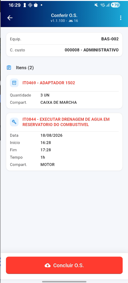 Conferência e conclusão de uma ordem de serviço com itens e serviço pelo aplicativo Acrux