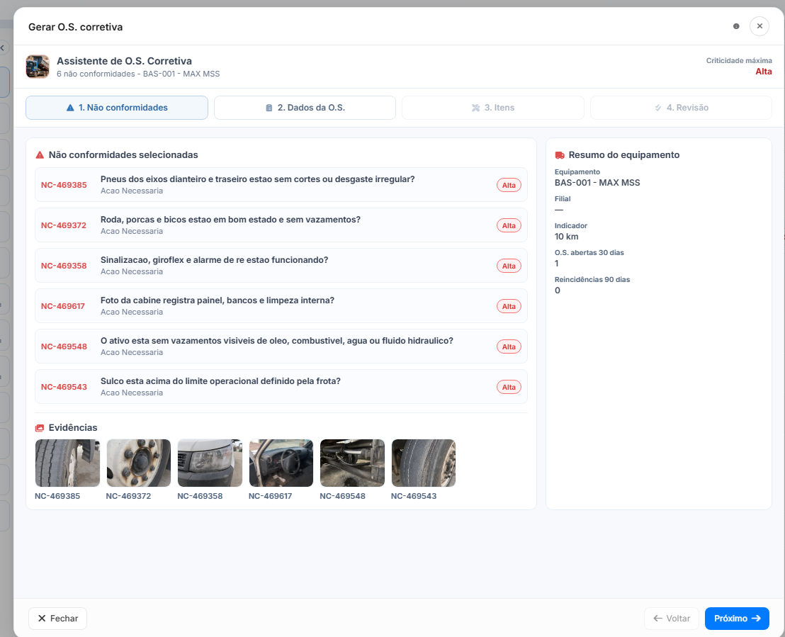 Tela real da plataforma Acrux exibindo checklist e não conformidades